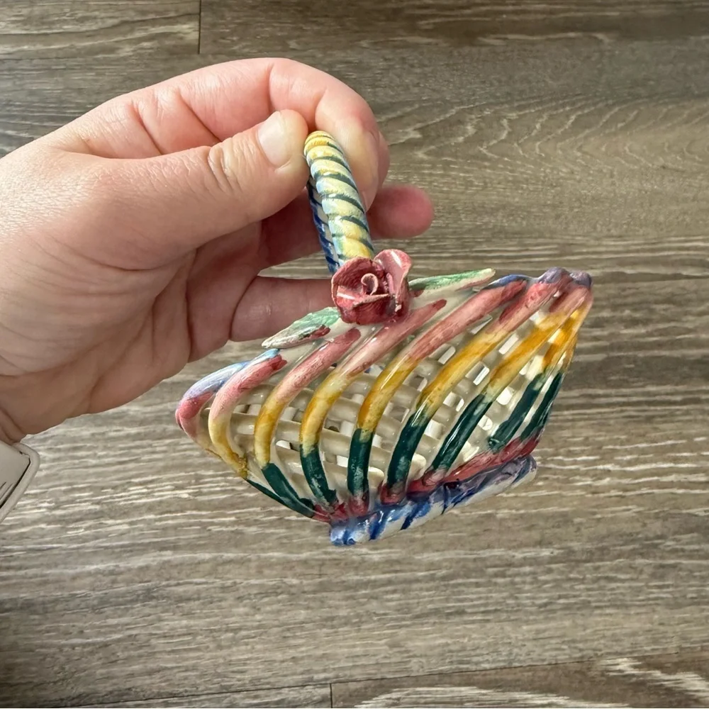 VINTAGE Handmade Multicolor Porcelain Ceramic Woven Basket Mini Made in Spain